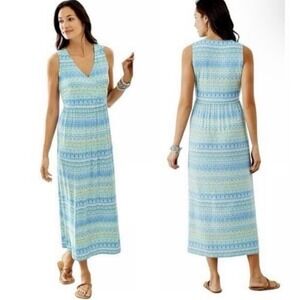 J. Jill Blue and Green Zigzag Printed Faux Wrap Maxi Dress Large Petite Beachy